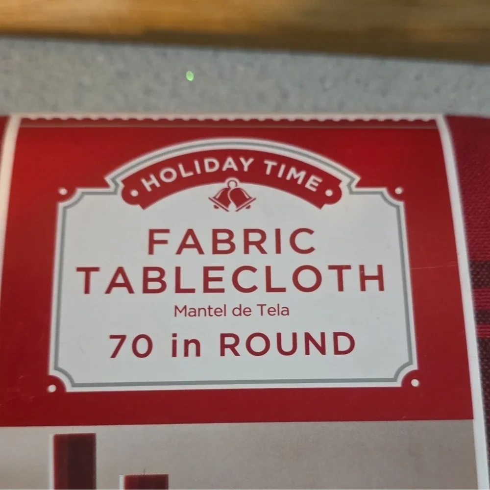 Two Holiday Time Buffalo Plaid Round Tablecloth 70 in Red/Black, Peva Red Truck
